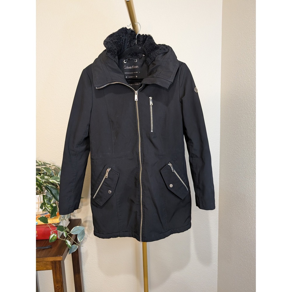 Calvin Klein Anorak Parka Jacket Fur Lined Hooded Black XS Rain Coat Classic